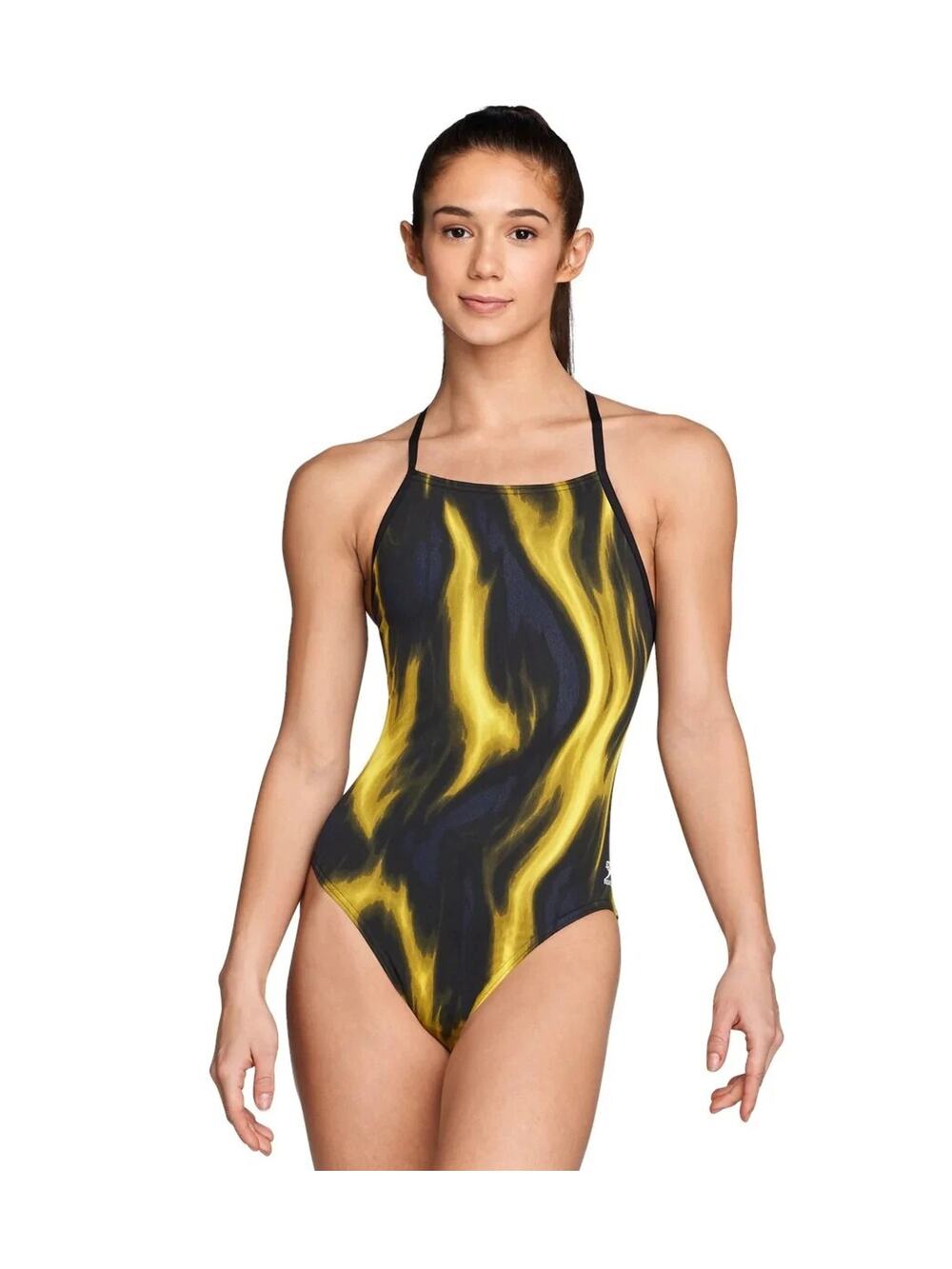 Speedo Vapor Flame Endurance Swimsuit Womans Cross Racer  Yellow Blk SZ 28